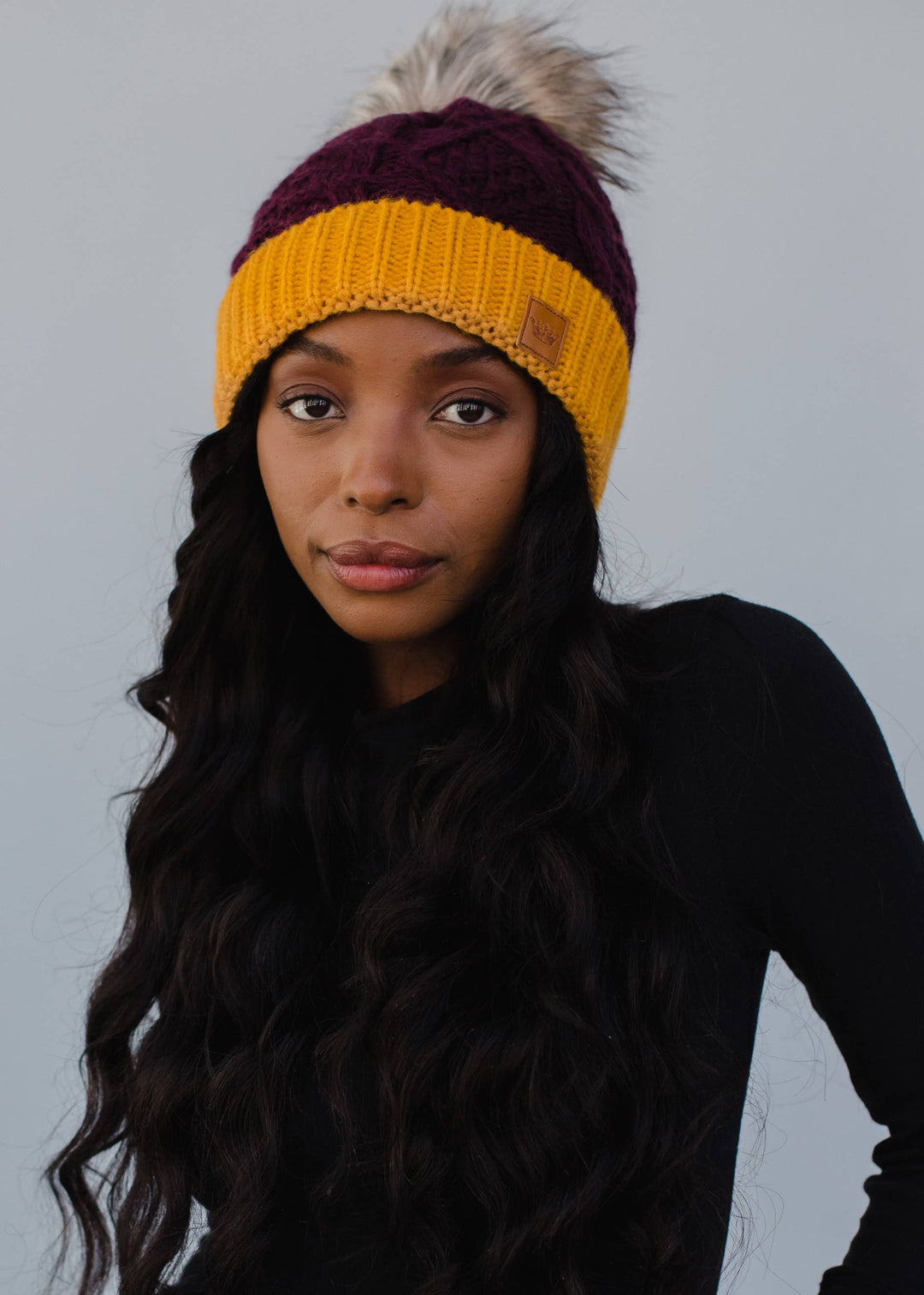 Burgundy  & Gold Trim Cable Knit Pom Hat