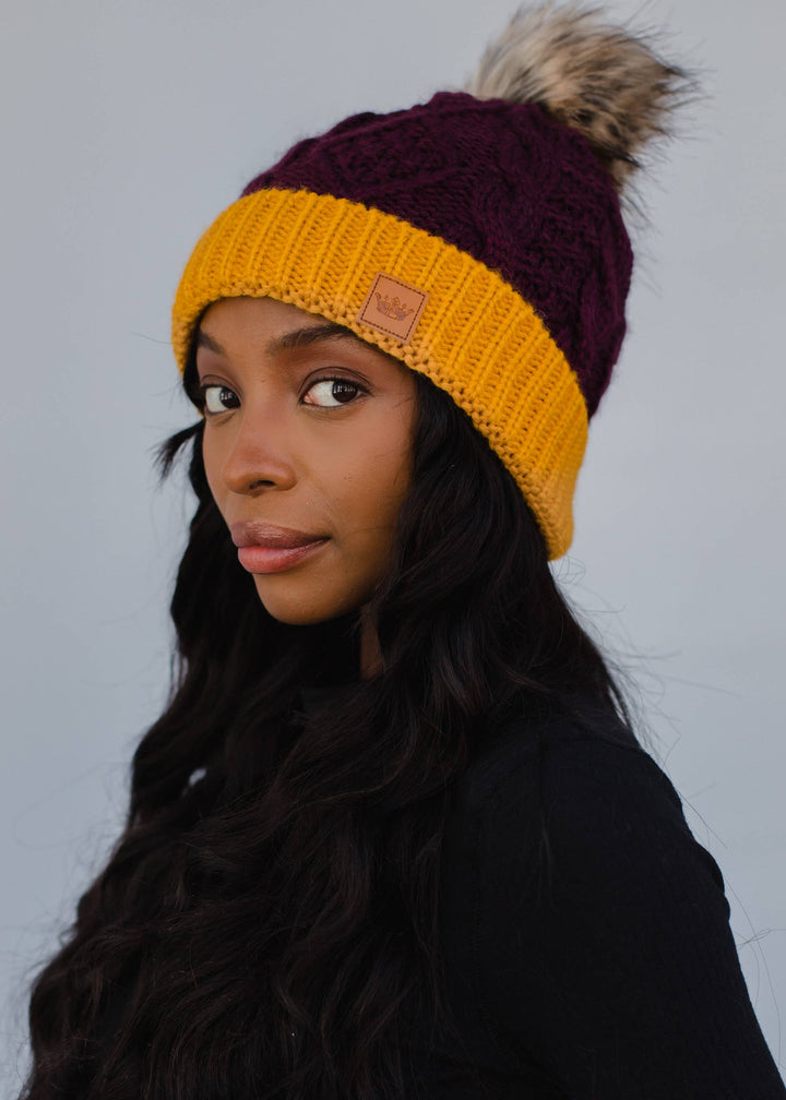 Burgundy  & Gold Trim Cable Knit Pom Hat