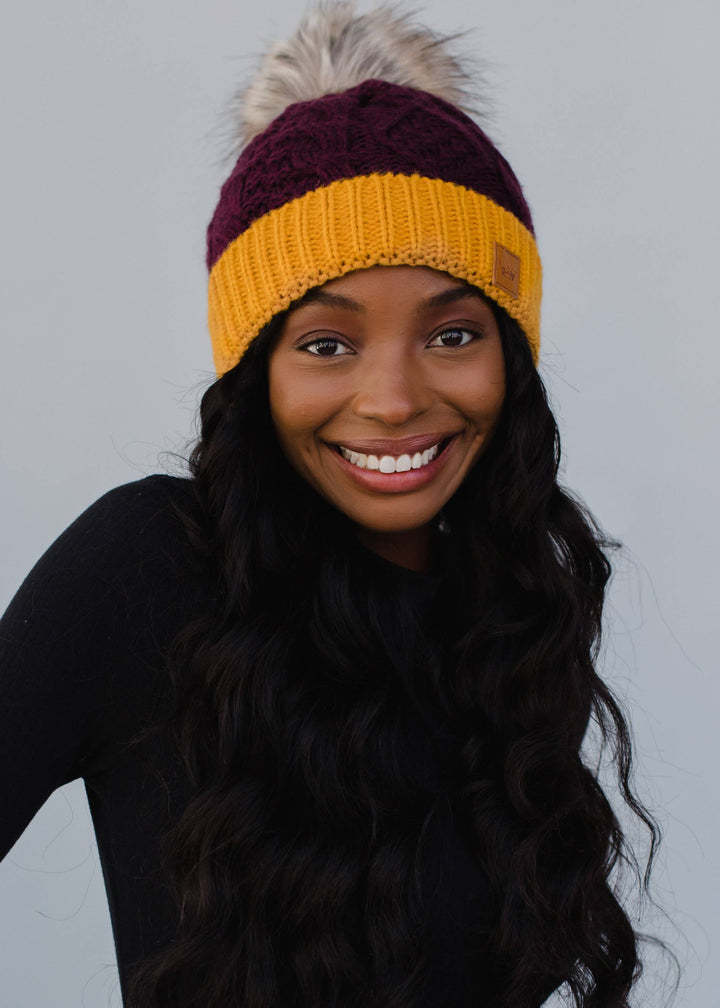 Burgundy  & Gold Trim Cable Knit Pom Hat