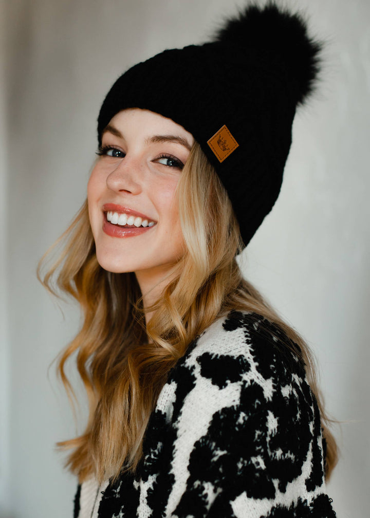 Black Cable Knit w/ Black Pom Hat