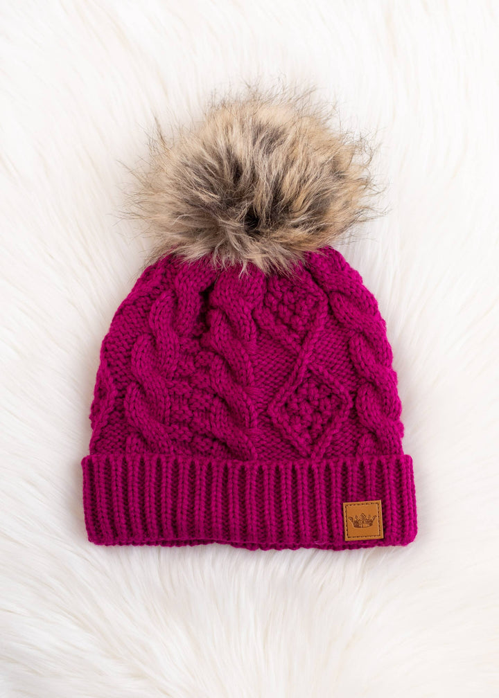 Magenta Cable Knit Pom Hat