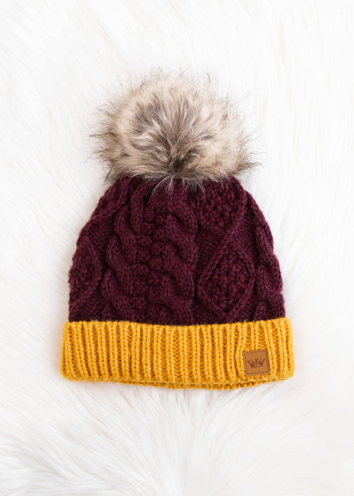 Burgundy  & Gold Trim Cable Knit Pom Hat