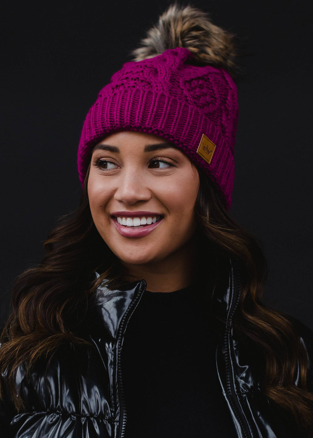 Magenta Cable Knit Pom Hat