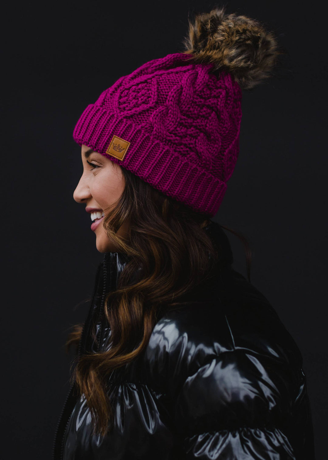 Magenta Cable Knit Pom Hat